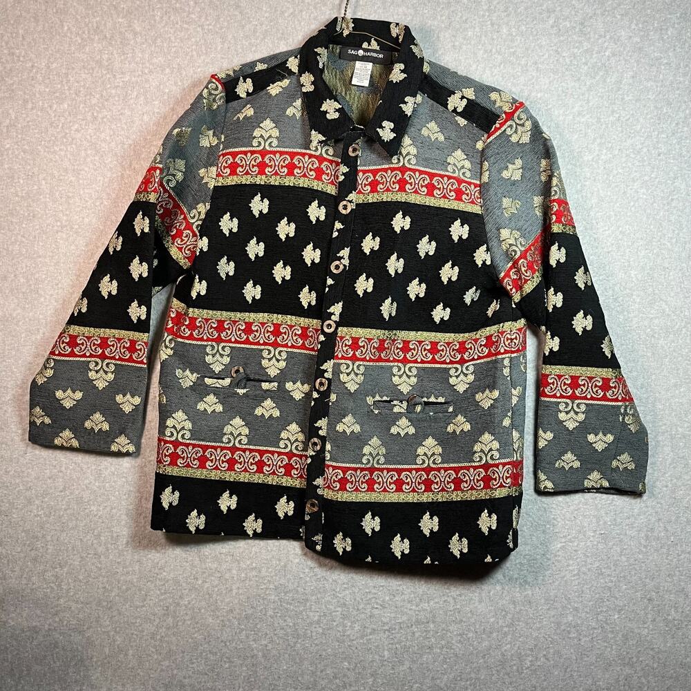 Vintage Sag Harbor Tapestry Brocade Jacket Women's Sz 14 Fleur de Lis Pattern